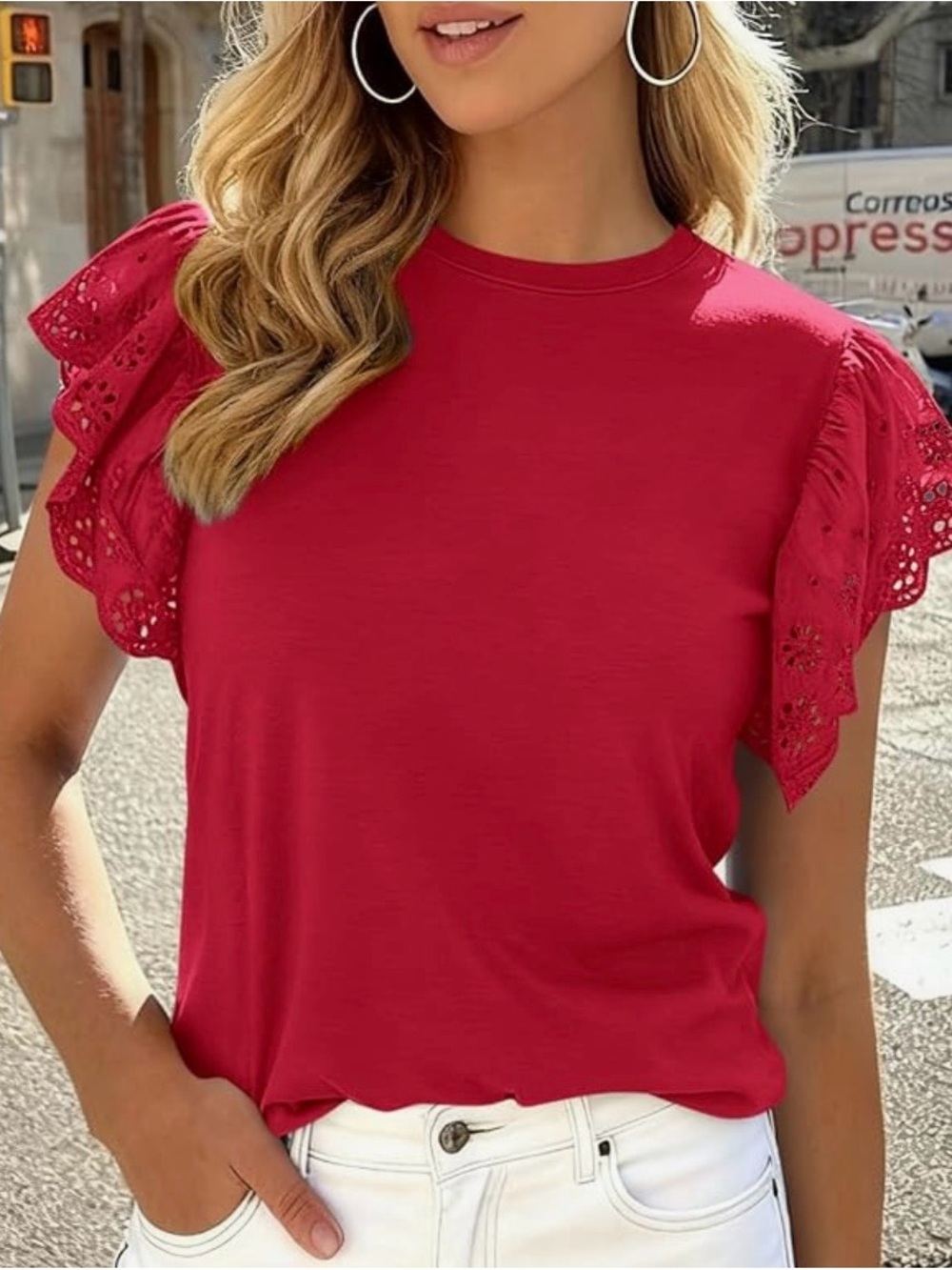Women’s Red Eyelet Flutter Sleeve Tee